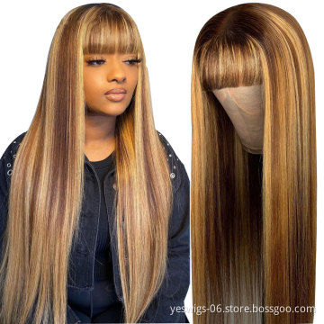 Cheap Human Hair 4/27# Colour Highlight Wigs Brazilian Hair Non Lace Wig With Bangs Machine Made Human Hair Wigs For Black Women